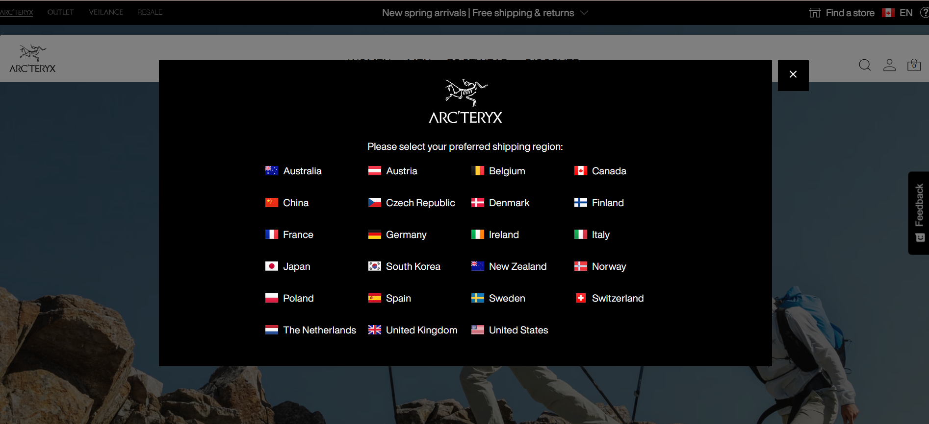 Arcteryx Ecommerce Shipping Regions Example