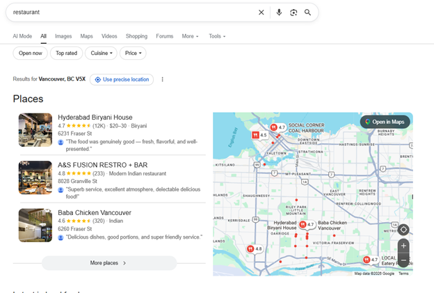 Google local 3-pack for the restaurants in Vancouver.