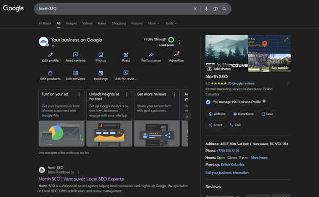 North SEO's Google Business profile admin panel.
