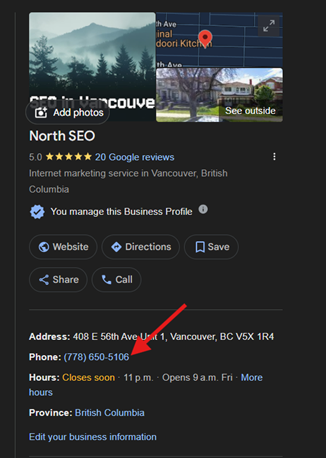 North SEO primary phone number is shown on the Google Profile.