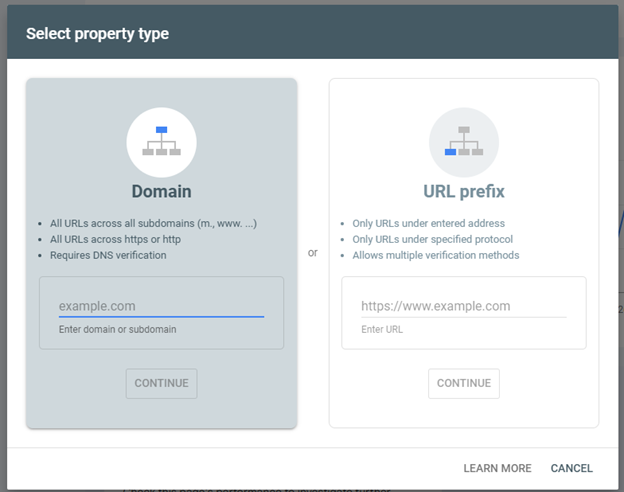 Google search console add website popup.