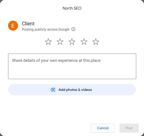 A review popup on North SEO google maps.
