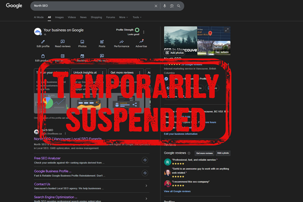 North SEO business profile with suspension stamp over it.