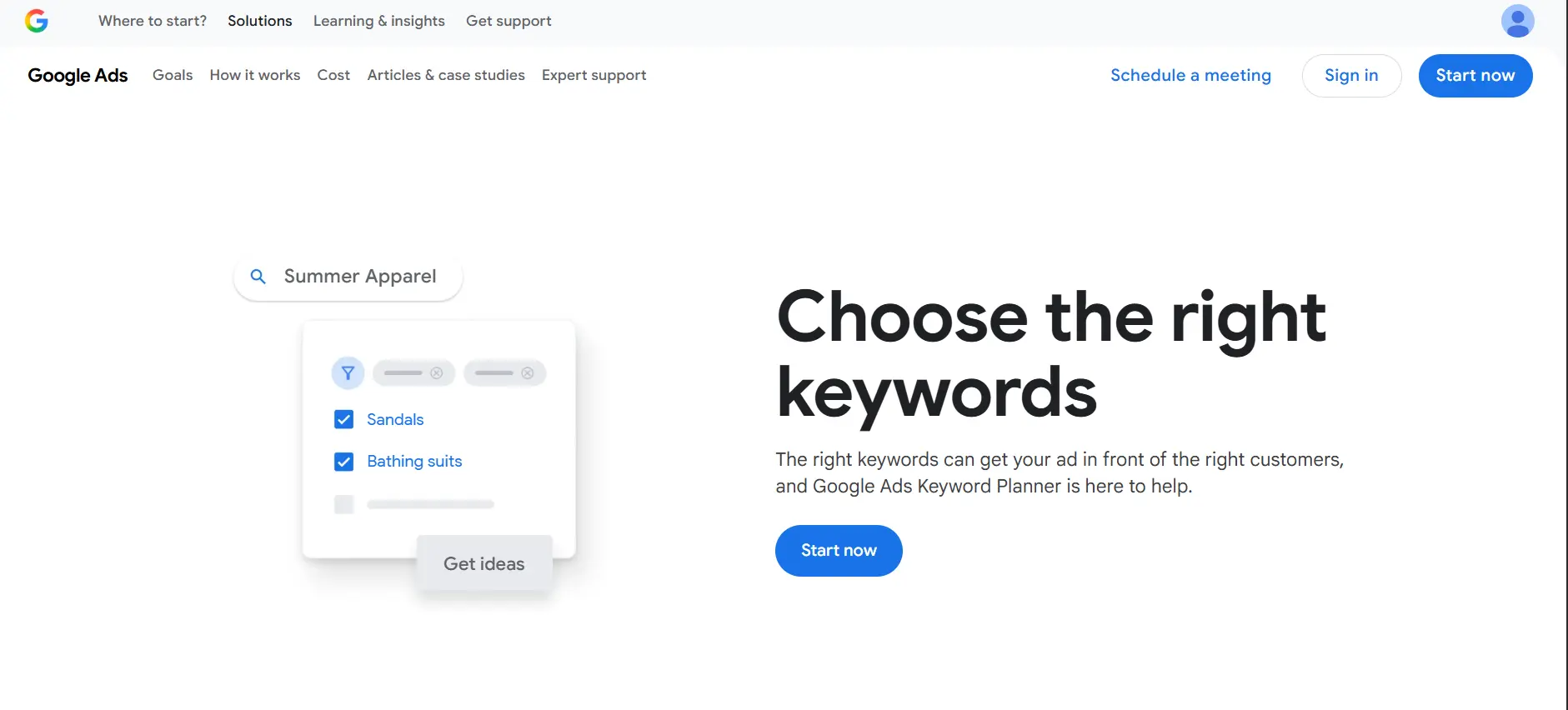 Google Ads keywords planer page hero section