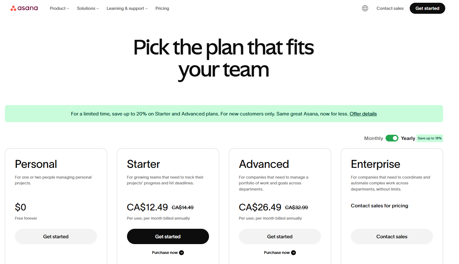 Asana Advanced project management software pricing