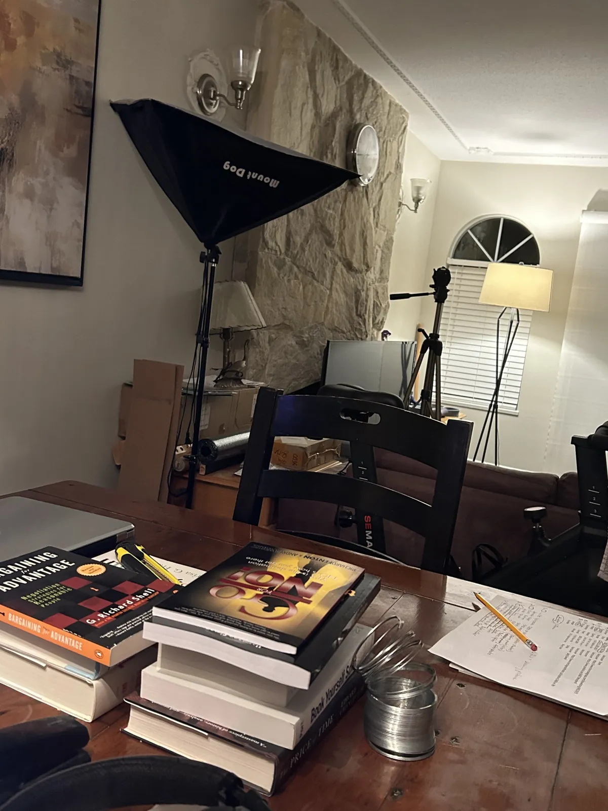 Desk with SEO and marketing books and video studio lighting at the North SEO office