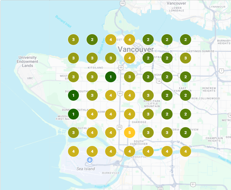 geo-grid rank tracker baseline scan, 5x5 grid over the city
