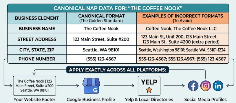 NAP table - one canonical name, address, phone