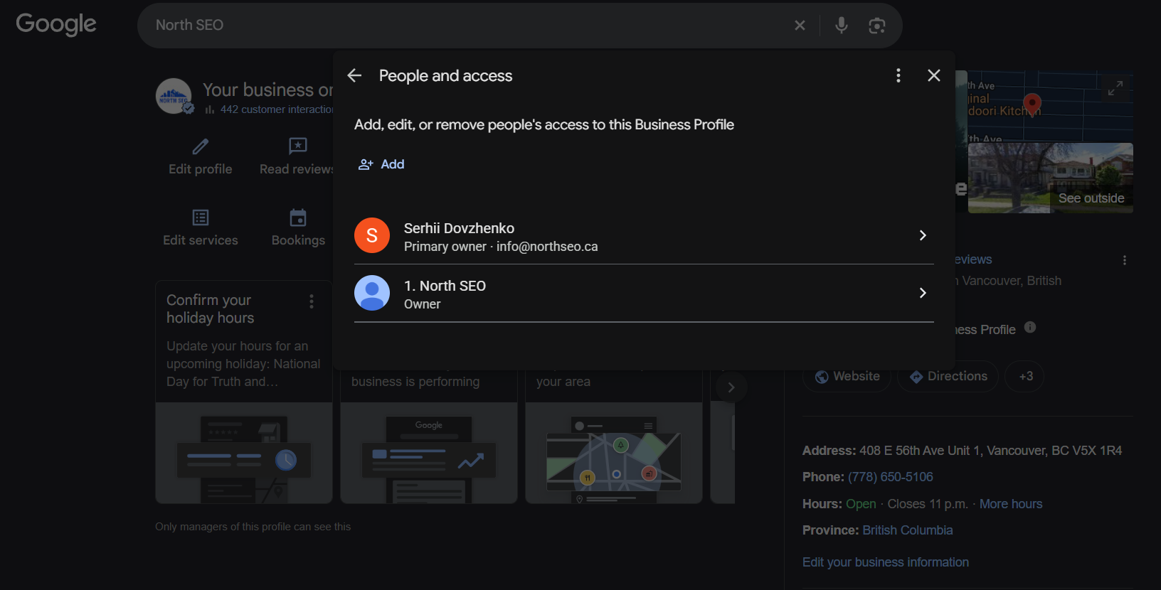 People and access screen in the profile manager