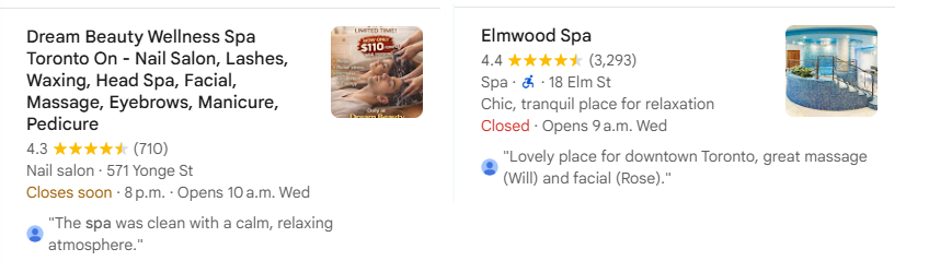 local pack with a keyword-stuffed competitor name vs. a clean brand name