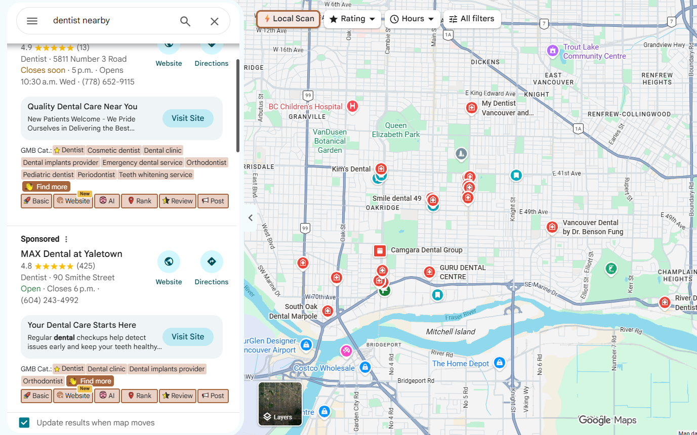 GMB Everywhere extension overlay showing competitor categories in the local pack