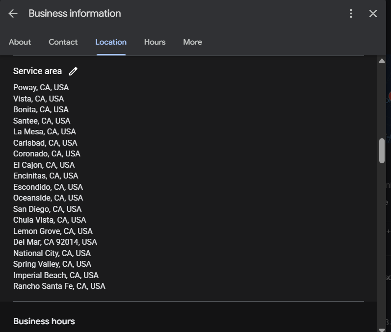 service area setup screen with cities and postal codes