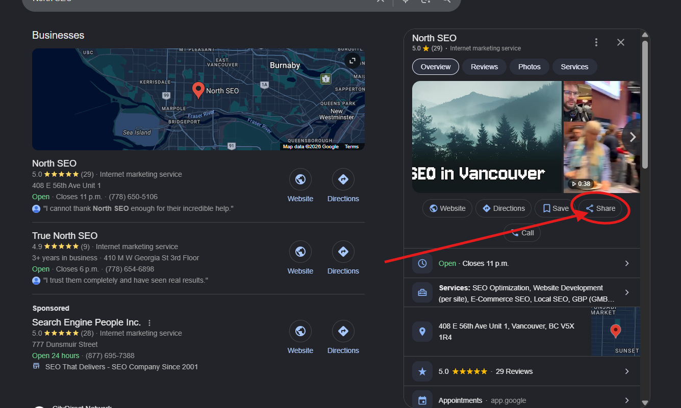 Maps share link dialog and the review link