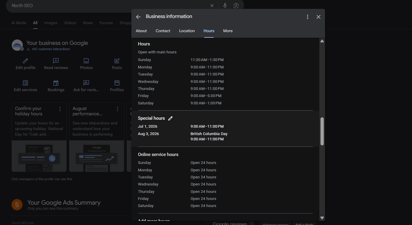 hours editor with special hours added for holidays