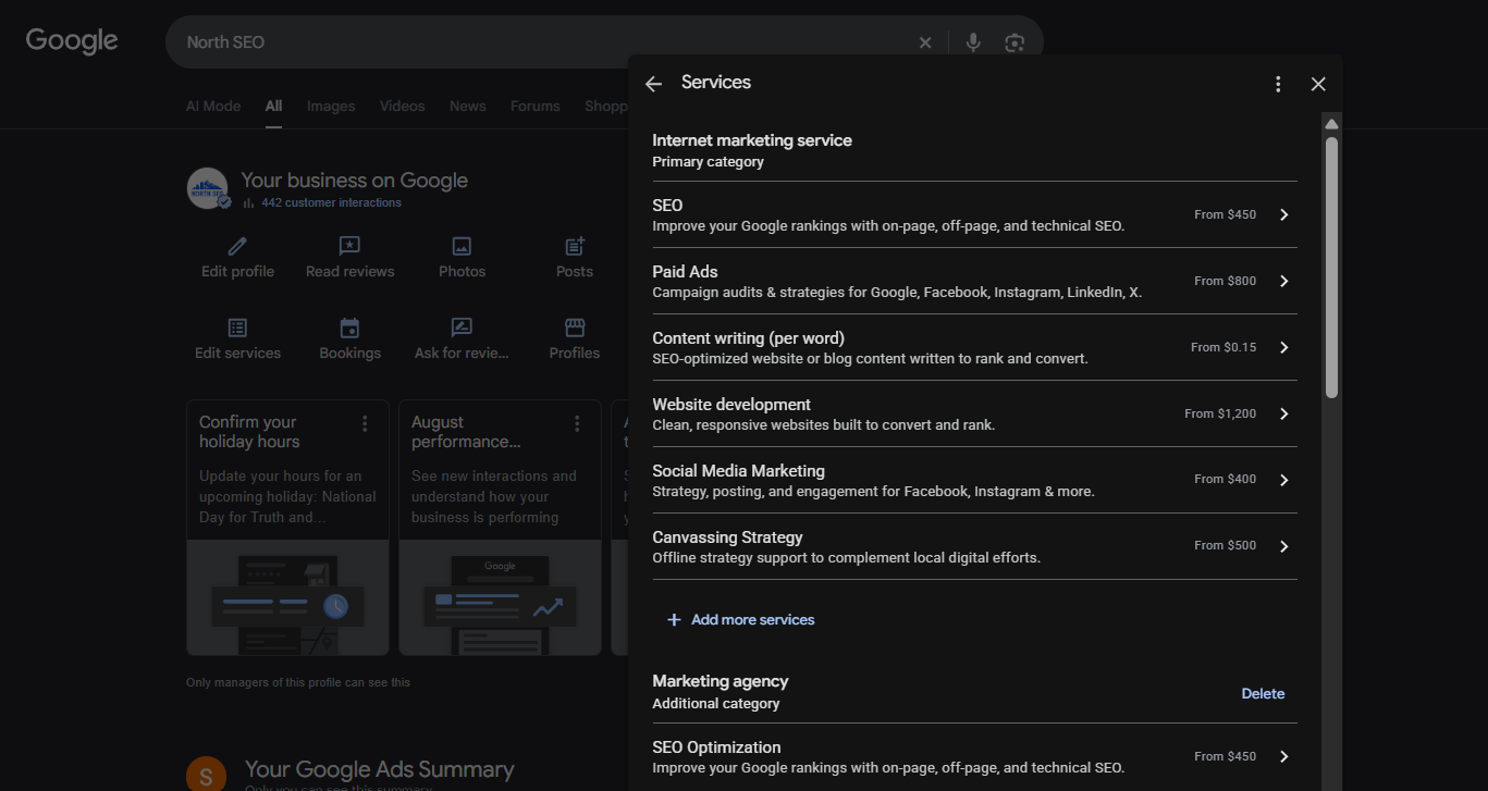 services editor with descriptions and prices filled in;”Provides:” label in the local pack