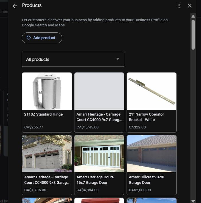 products section on a service business profile