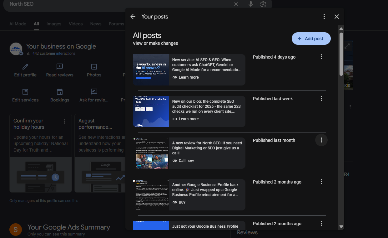 Google Post with photo, text and CTA button as it shows in search