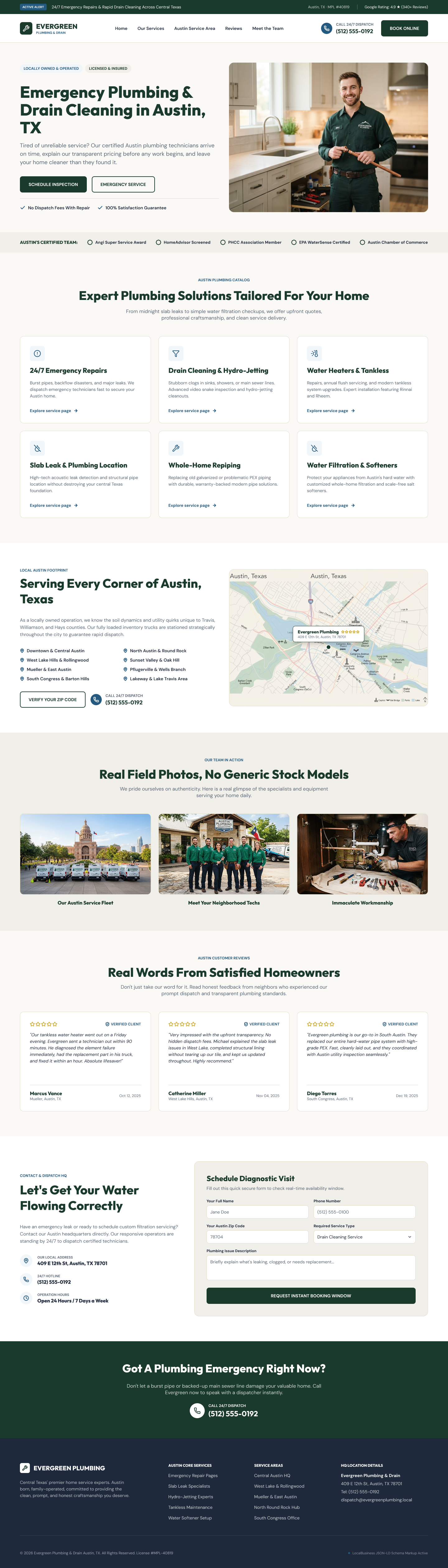 location page anatomy - NAP footer, map, H1, services, reviews